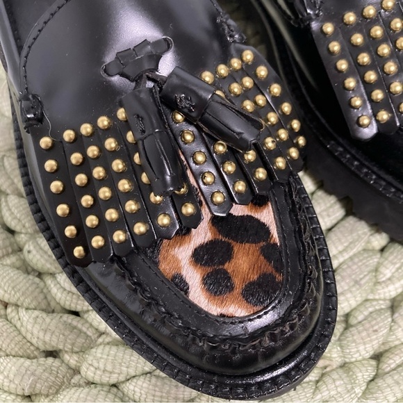NWOB G.H Bass Weejuns Esther Stud Black Leather Leopard Super Lug Kiltie Loafers - Picture 7 of 10